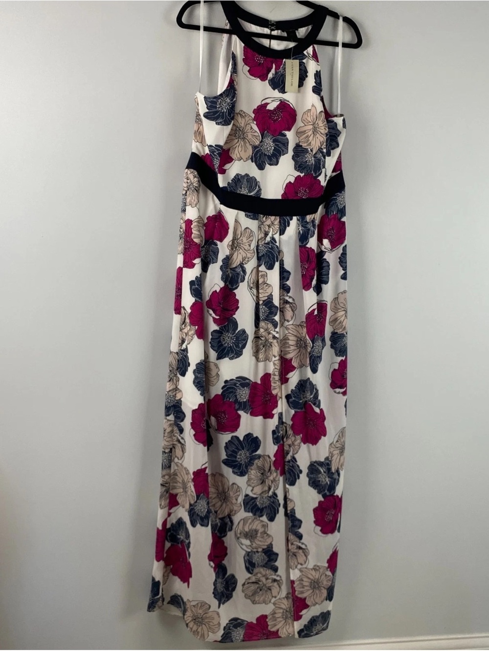 Ann Taylor White Maxi Dress with Pink, Navy & Beige Floral Print and Black Trim